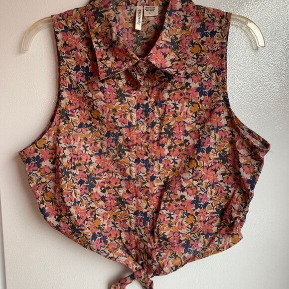PASSPORT Women’s Flowered Sleeveless Button Down Tie Retro Crop Top / Size: L - Picture 6 of 6